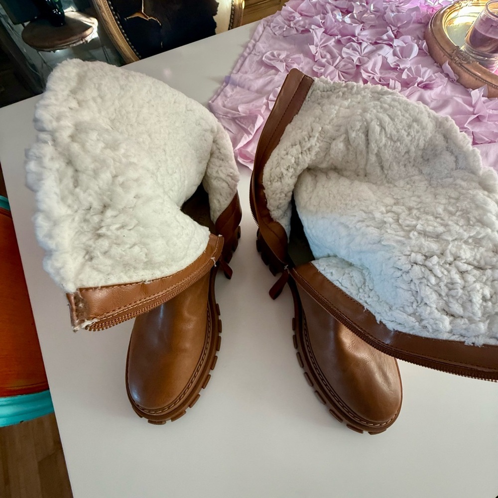 SCHUTZ Cognac Leather Mid-Calf Lug Sole Boots - Picture 6 of 10